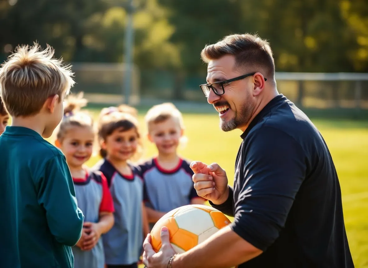 Sports coach with a whistle and ball coaching a group of kids on a sunny field